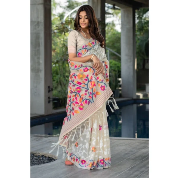  Women's Cotton Printed Saree With Unstitched Blouse (Off-White, 5-6 Mtrs) - Image 3