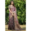  Women's Organza Printed Saree With Unstitched Blouse (Wine, 5-6 Mtrs)