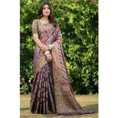  Women's Organza Printed Saree With Unstitched Blouse (Wine, 5-6 Mtrs)