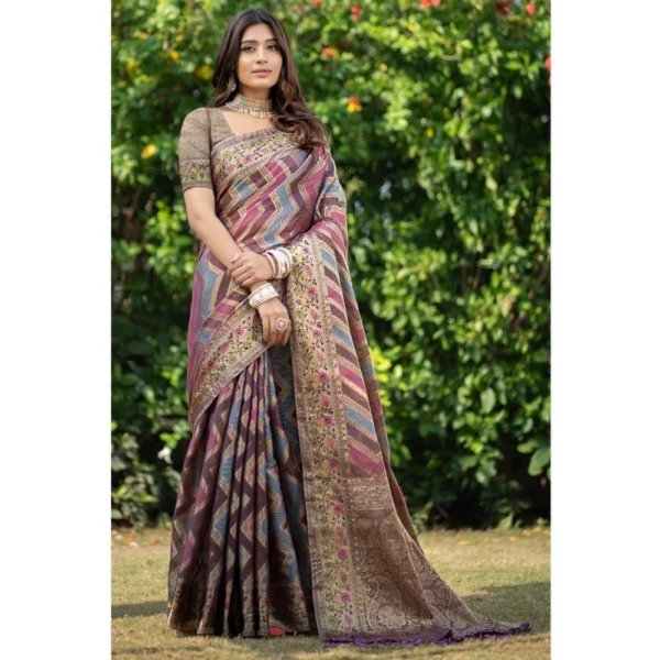  Women's Organza Printed Saree With Unstitched Blouse (Wine, 5-6 Mtrs)