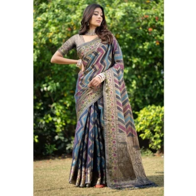  Women's Organza Printed Saree With Unstitched Blouse (Teal, 5-6 Mtrs)