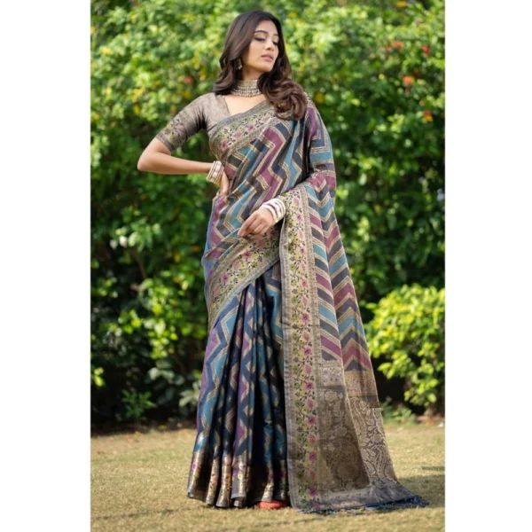  Women's Organza Printed Saree With Unstitched Blouse (Teal, 5-6 Mtrs)