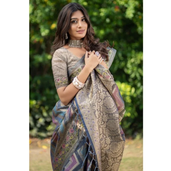  Women's Organza Printed Saree With Unstitched Blouse (Teal, 5-6 Mtrs) - Image 4