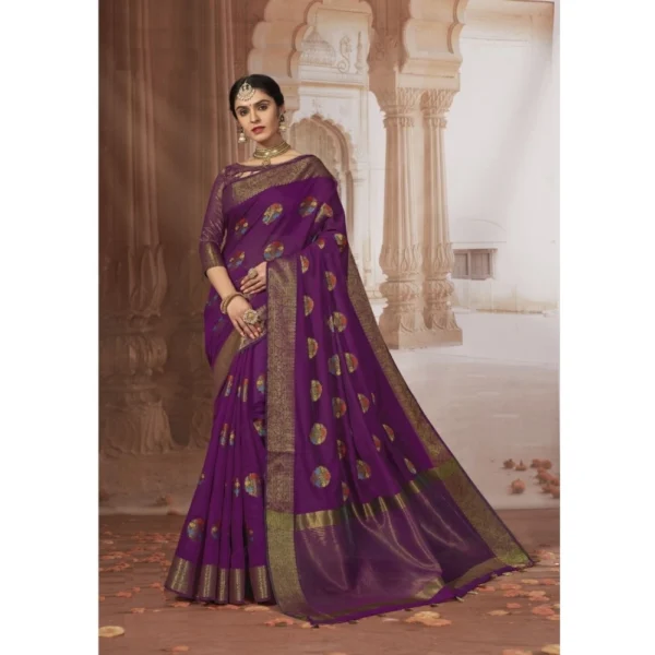  Women's Chanderi Cotton Printed Saree With Unstitched Blouse (Purple, 5-6 Mtrs)
