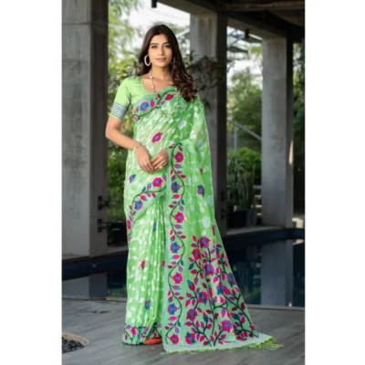  Women's Cotton Printed Saree With Unstitched Blouse (Green, 5-6 Mtrs)