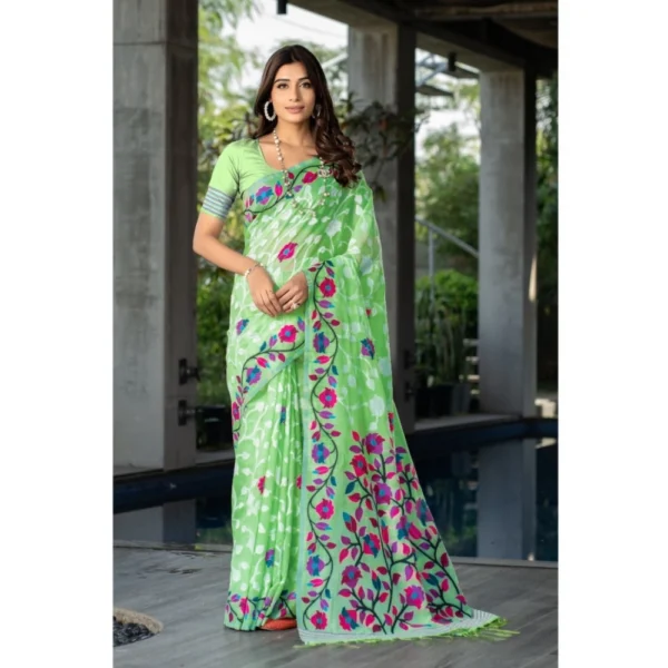  Women's Cotton Printed Saree With Unstitched Blouse (Green, 5-6 Mtrs)