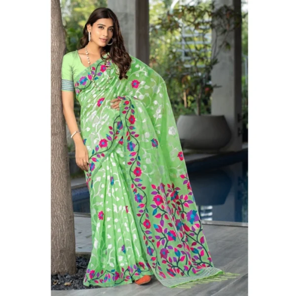  Women's Cotton Printed Saree With Unstitched Blouse (Green, 5-6 Mtrs) - Image 2