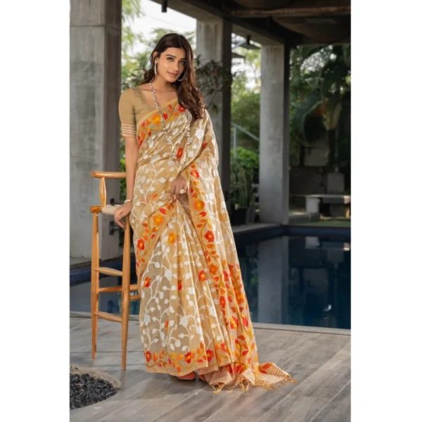  Women's Cotton Printed Saree With Unstitched Blouse (Beige, 5-6 Mtrs) - Image 2
