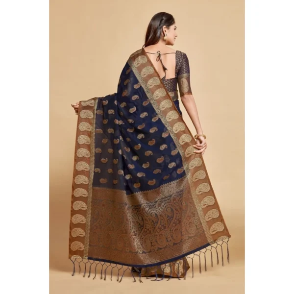  Women's Chanderi Cotton Printed Saree With Unstitched Blouse (Navy Blue, 5-6 Mtrs) - Image 4