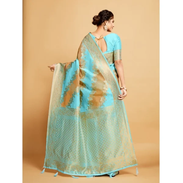  Women's Linen Printed Saree With Unstitched Blouse (Sky Blue, 5-6 Mtrs) - Image 3