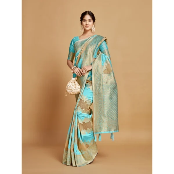  Women's Linen Printed Saree With Unstitched Blouse (Sky Blue, 5-6 Mtrs) - Image 4