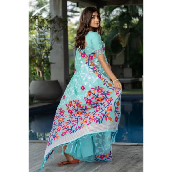  Women's Cotton Printed Saree With Unstitched Blouse (Sky Blue, 5-6 Mtrs) - Image 3