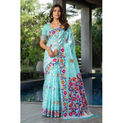  Women's Cotton Printed Saree With Unstitched Blouse (Sky Blue, 5-6 Mtrs)