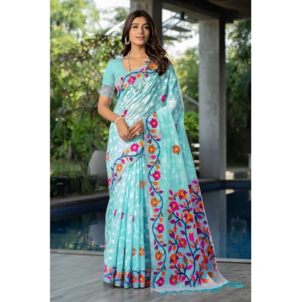  Women's Cotton Printed Saree With Unstitched Blouse (Sky Blue, 5-6 Mtrs)