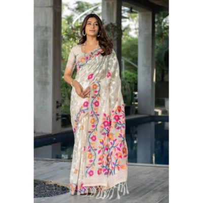  Women's Cotton Printed Saree With Unstitched Blouse (Off-White, 5-6 Mtrs)