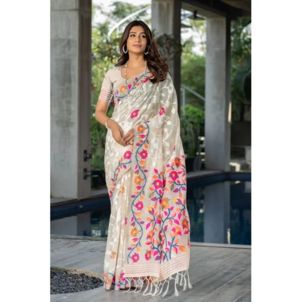  Women's Cotton Printed Saree With Unstitched Blouse (Off-White, 5-6 Mtrs)