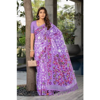  Women's Cotton Printed Saree With Unstitched Blouse (Lavender, 5-6 Mtrs)