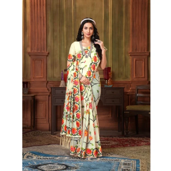  Women's Organza Printed Saree With Unstitched Blouse (White, 5-6 Mtrs) - Image 4