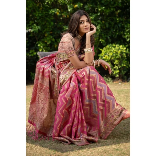  Women's Organza Printed Saree With Unstitched Blouse (Pink, 5-6 Mtrs) - Image 3