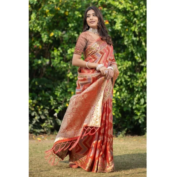  Women's Organza Printed Saree With Unstitched Blouse (Orange, 5-6 Mtrs) - Image 3