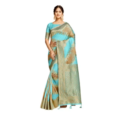  Women's Linen Printed Saree With Unstitched Blouse (Sky Blue, 5-6 Mtrs)