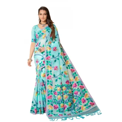  Women's Cotton Printed Saree With Unstitched Blouse (Sky Blue, 5-6 Mtrs)