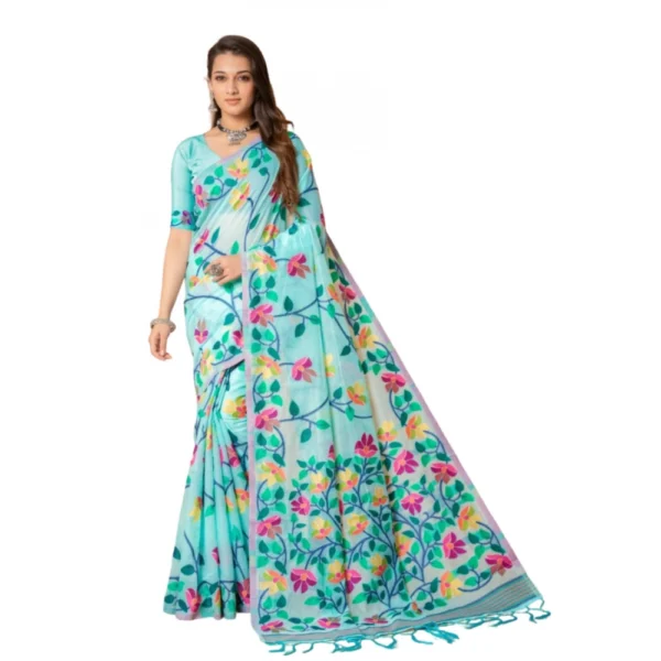  Women's Cotton Printed Saree With Unstitched Blouse (Sky Blue, 5-6 Mtrs)