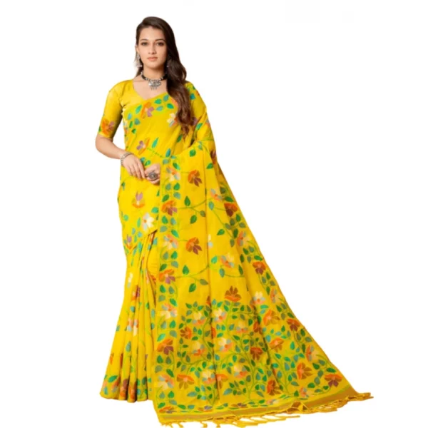  Women's Cotton Printed Saree With Unstitched Blouse (Yellow, 5-6 Mtrs)