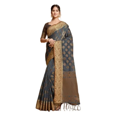  Women's Chanderi Cotton Printed Saree With Unstitched Blouse (Grey, 5-6 Mtrs)