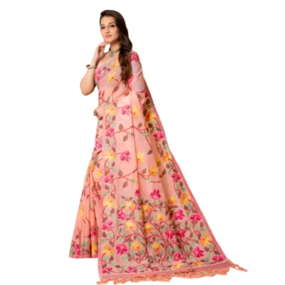  Women's Cotton Printed Saree With Unstitched Blouse (Pink, 5-6 Mtrs)
