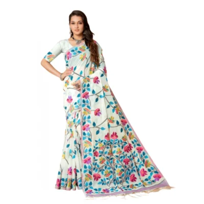  Women's Cotton Printed Saree With Unstitched Blouse (White, 5-6 Mtrs)
