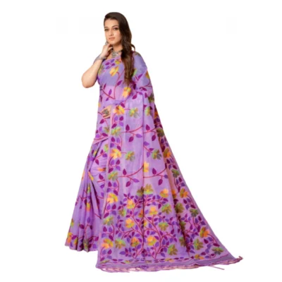  Women's Cotton Printed Saree With Unstitched Blouse (Lavender, 5-6 Mtrs)