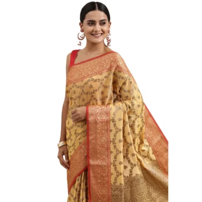  Women's Chanderi Cotton Printed Saree With Unstitched Blouse (Yellow, 5-6 Mtrs)