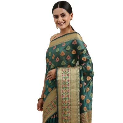  Women's Organza Printed Saree With Unstitched Blouse (Sea Green, 5-6 Mtrs)