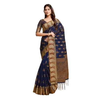  Women's Chanderi Cotton Printed Saree With Unstitched Blouse (Navy Blue, 5-6 Mtrs)