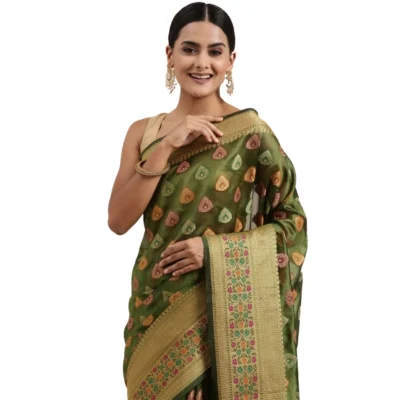  Women's Organza Printed Saree With Unstitched Blouse (Mahendi, 5-6 Mtrs)