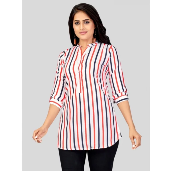 Women's Poly Crepe Mandarin Collar 3/4 Sleeves Short Top (White) - Image 2
