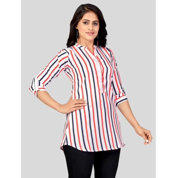 Women's Poly Crepe Mandarin Collar 3/4 Sleeves Short Top (White) - Image 5