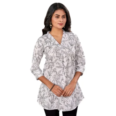 Women's Poly Crepe Chinese Collar 3/4 Sleeves Short Top (Black-White)