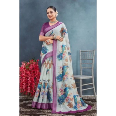 Women's Linen Floral Printed Saree With Unstitched Blouse 5.5Mtr (Magenta)