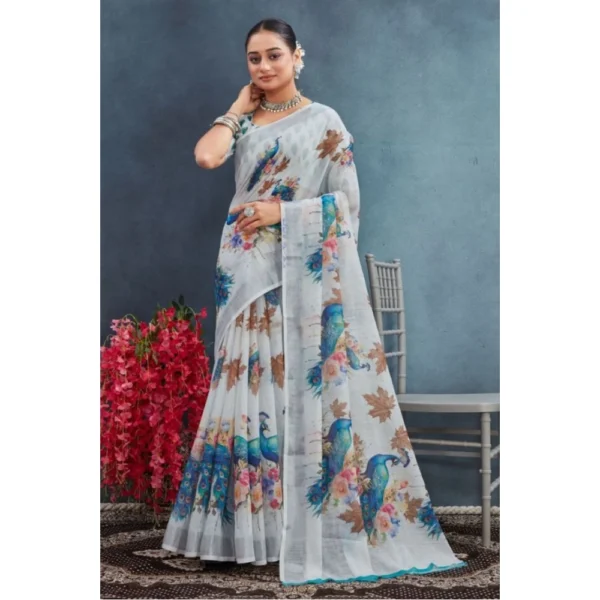 Women's Linen Floral Printed Saree With Unstitched Blouse 5.5Mtr (Off-White) - Image 2