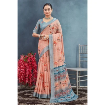 Women's Linen Floral Printed Saree With Unstitched Blouse 5.5Mtr (Orange)