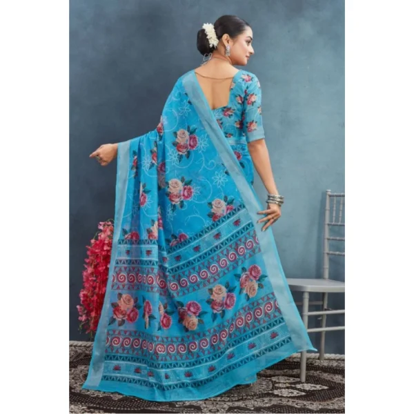 Women's Linen Floral Printed Saree With Unstitched Blouse 5.5Mtr (Blue) - Image 4