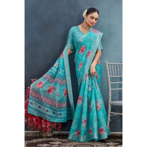 Women's Linen Floral Printed Saree With Unstitched Blouse 5.5Mtr (Aqua) - Image 3