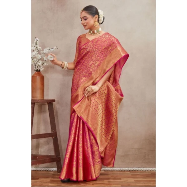 Women's Silk Blend Floral Printed Saree With Unstitched Blouse 5.5Mtr (Pink) - Image 4
