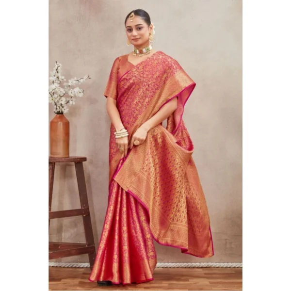 Women's Silk Blend Floral Printed Saree With Unstitched Blouse 5.5Mtr (Peach) - Image 2