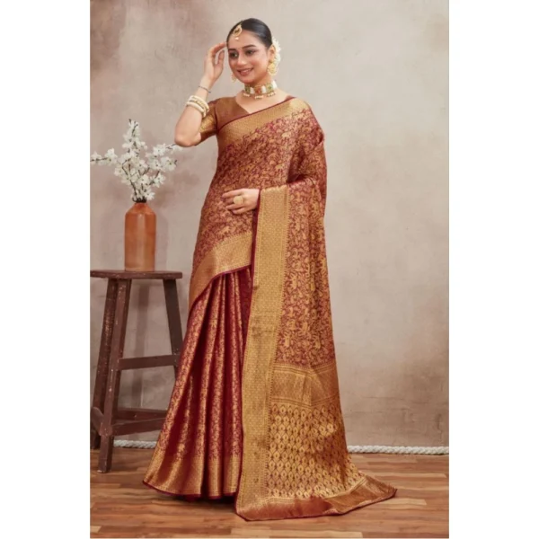 Women's Silk Blend Floral Printed Saree With Unstitched Blouse 5.5Mtr (Brown) - Image 4