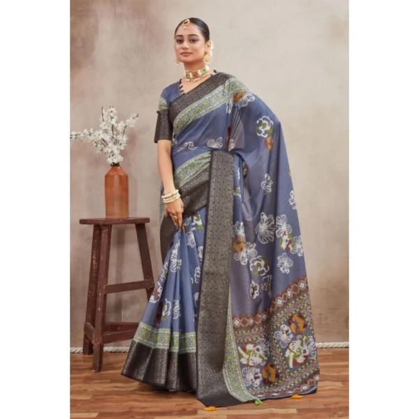 Women's Crepe Silk Printed Saree With Unstitched Blouse 5.5Mtr (Grey) - Image 4