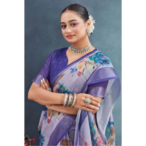 Women's Linen Floral Printed Saree With Unstitched Blouse 5.5Mtr (Purple) - Image 4