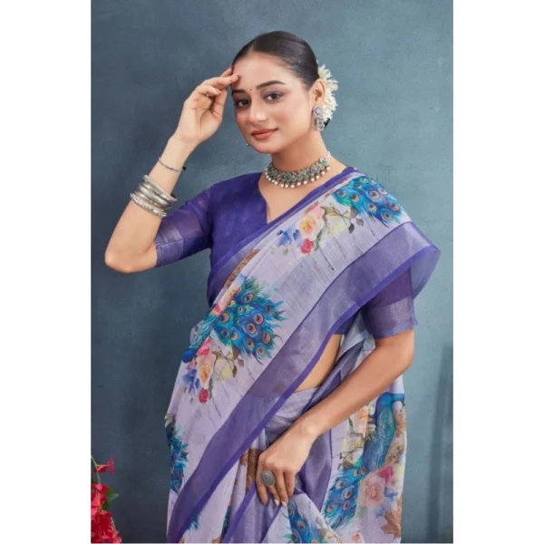 Women's Linen Floral Printed Saree With Unstitched Blouse 5.5Mtr (Purple) - Image 3